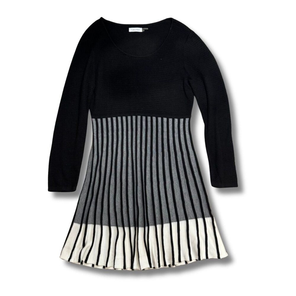 Calvin Klein Pleated Sweater Dress – Black White & Gray, M